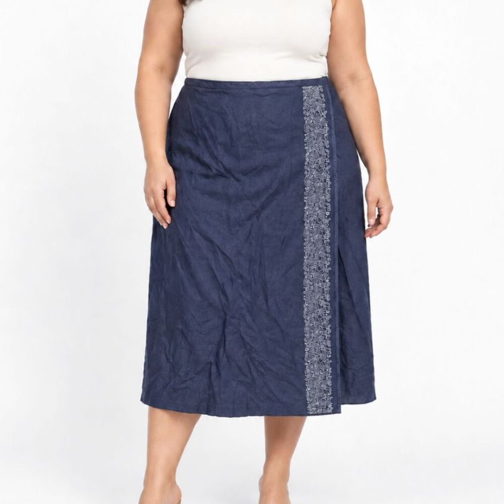 NWT Vintage Norton McNaughton Linen Embroidered Faux Wrap Skirt Midi Lagenlook